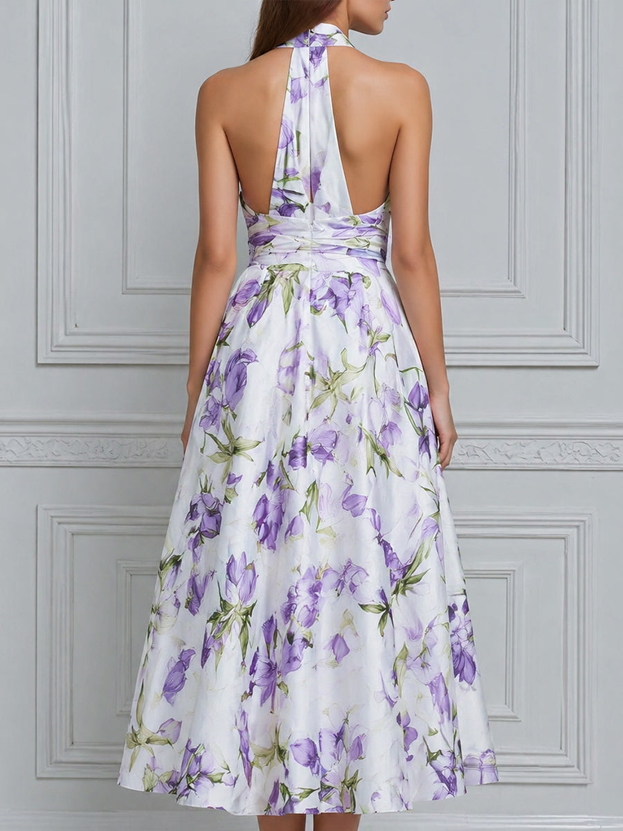 Halter Deep V-Neck Floral A-Line Midi Dress