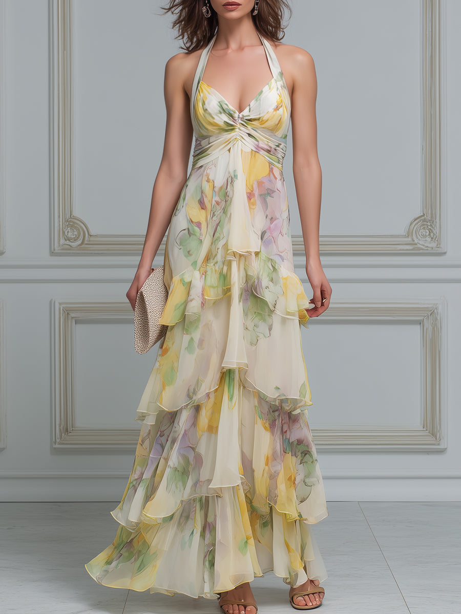 Halter V-Neck Layered Ruffle Floral Maxi Dress