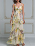 Halter V-Neck Layered Ruffle Floral Maxi Dress