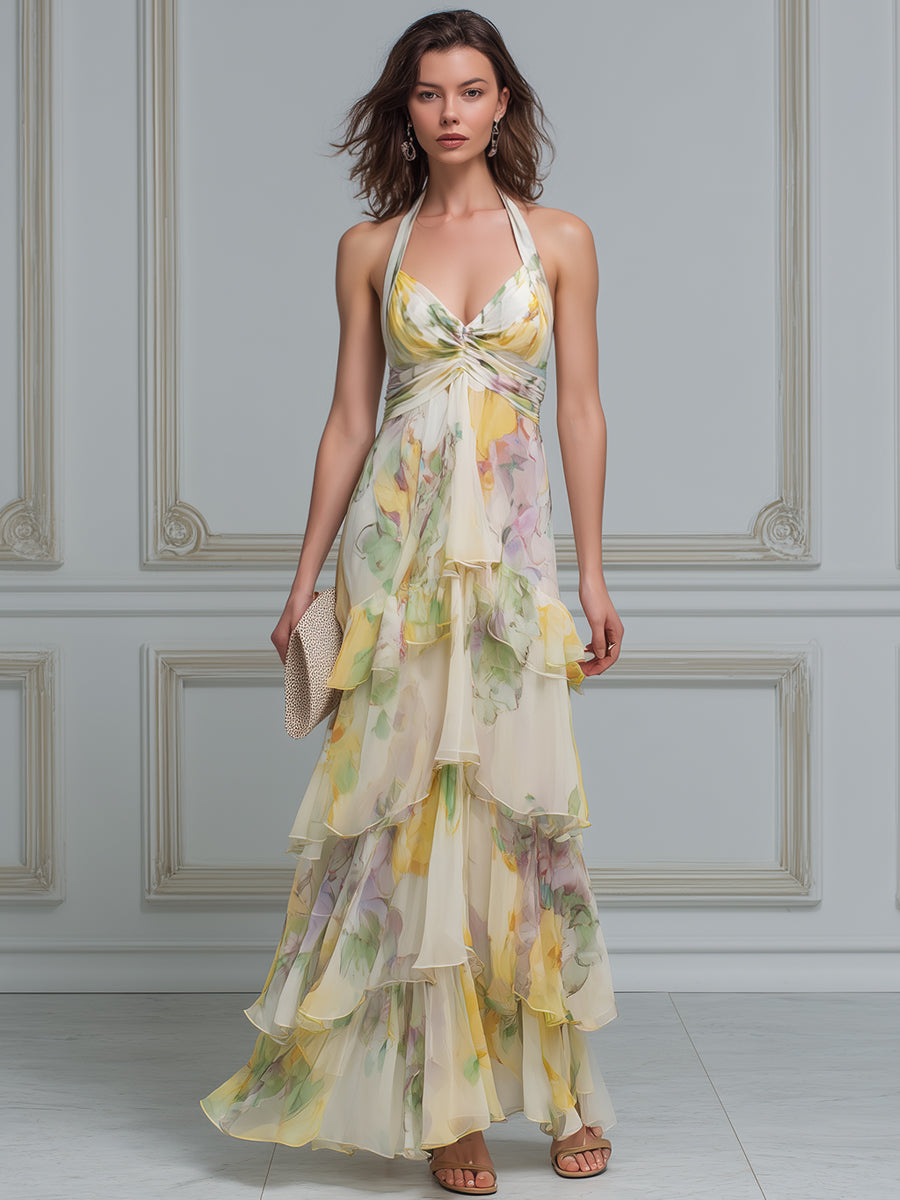 Halter V-Neck Layered Ruffle Floral Maxi Dress
