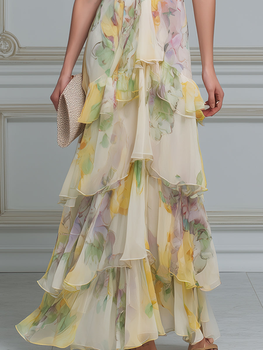 Halter V-Neck Layered Ruffle Floral Maxi Dress
