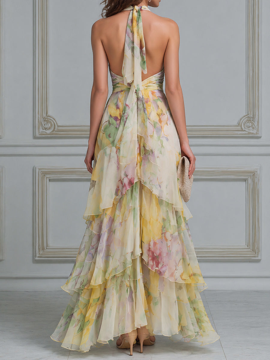 Halter V-Neck Layered Ruffle Floral Maxi Dress