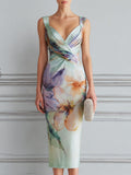 Sleeveless Draped V-Neck Floral Pencil Midi Dress