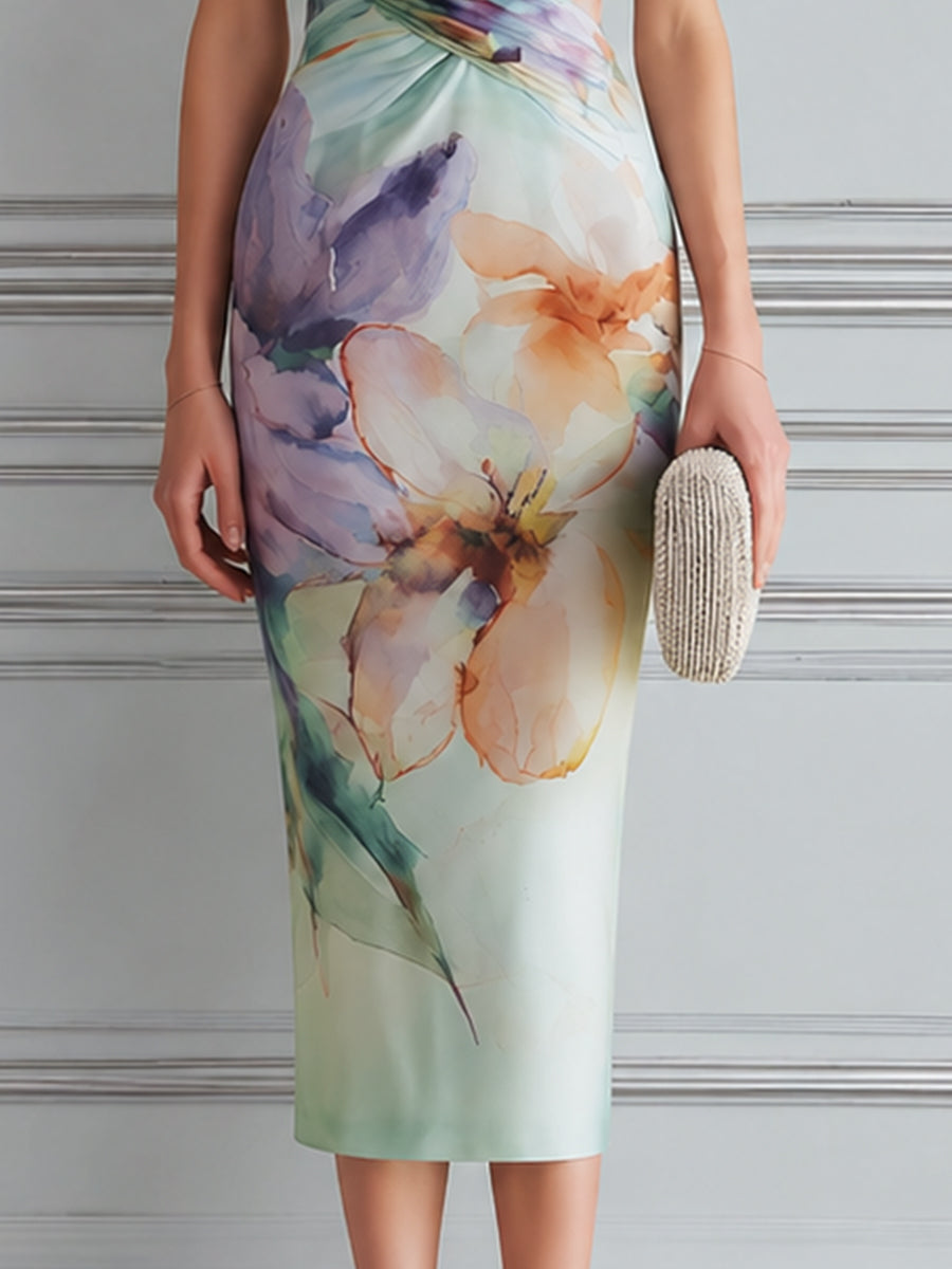 Sleeveless Draped V-Neck Floral Pencil Midi Dress