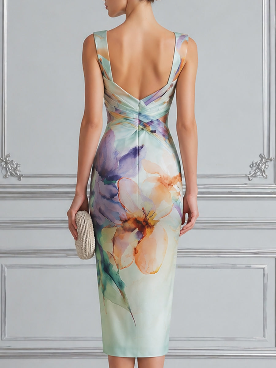 Sleeveless Draped V-Neck Floral Pencil Midi Dress
