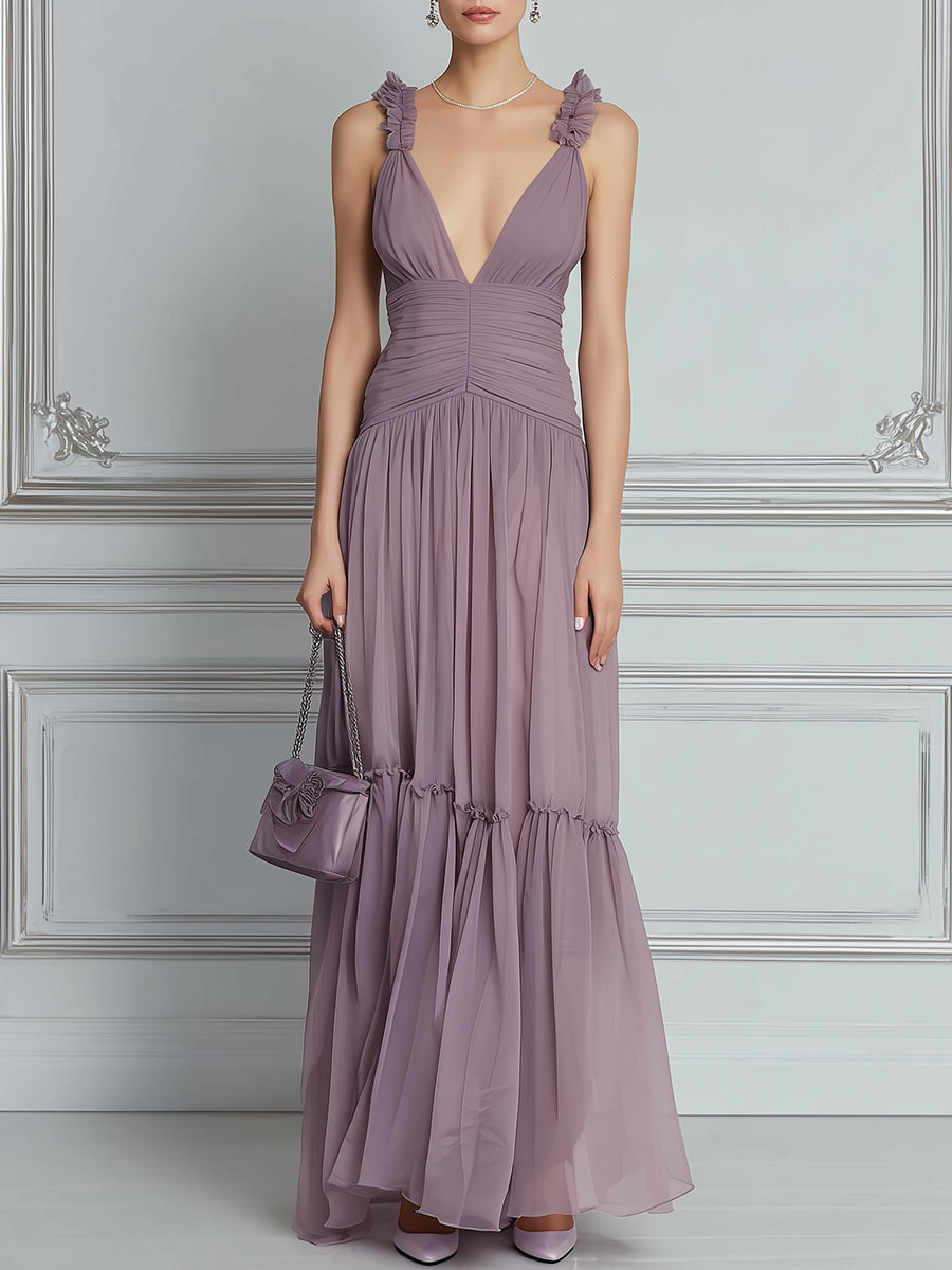 Ruffled Strap Pleated Waist Tiered Chiffon Maxi Dress