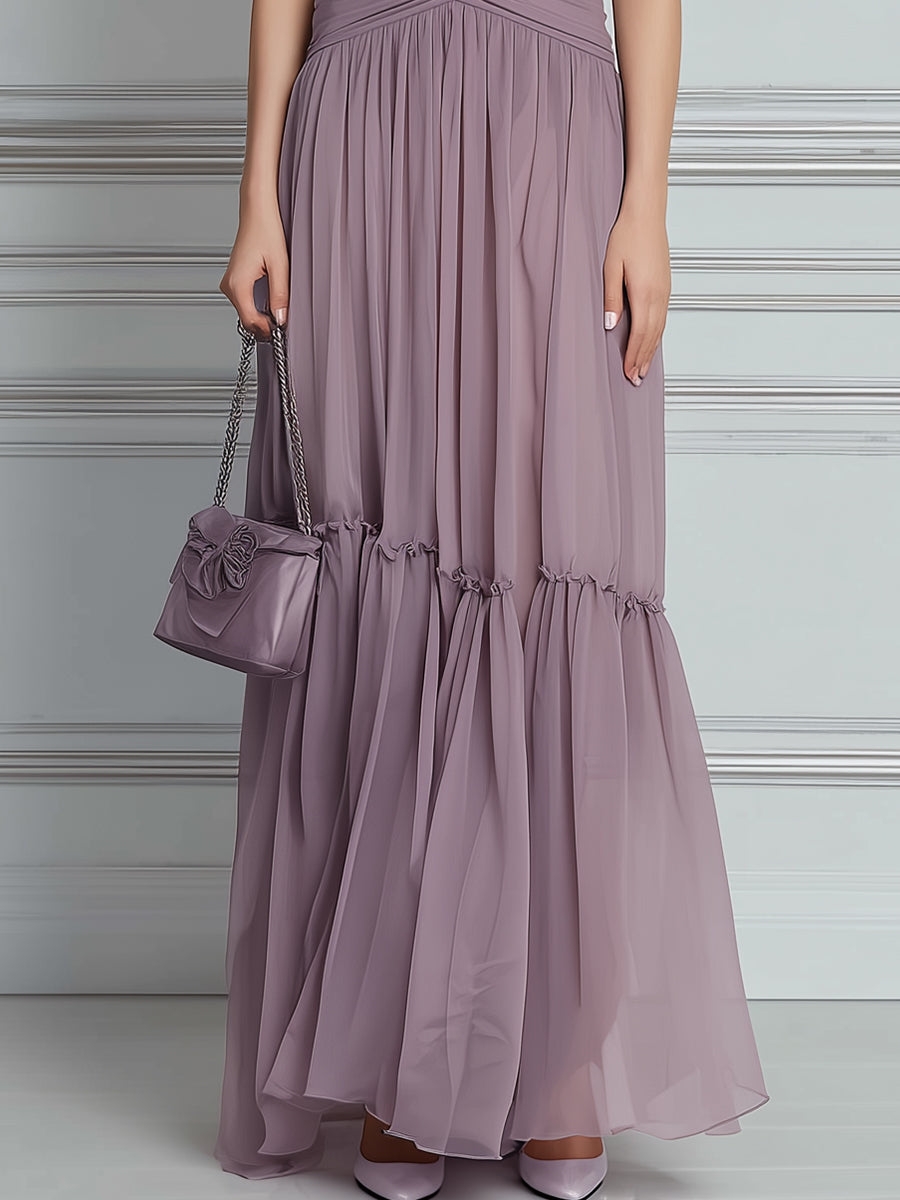 Ruffled Strap Pleated Waist Tiered Chiffon Maxi Dress