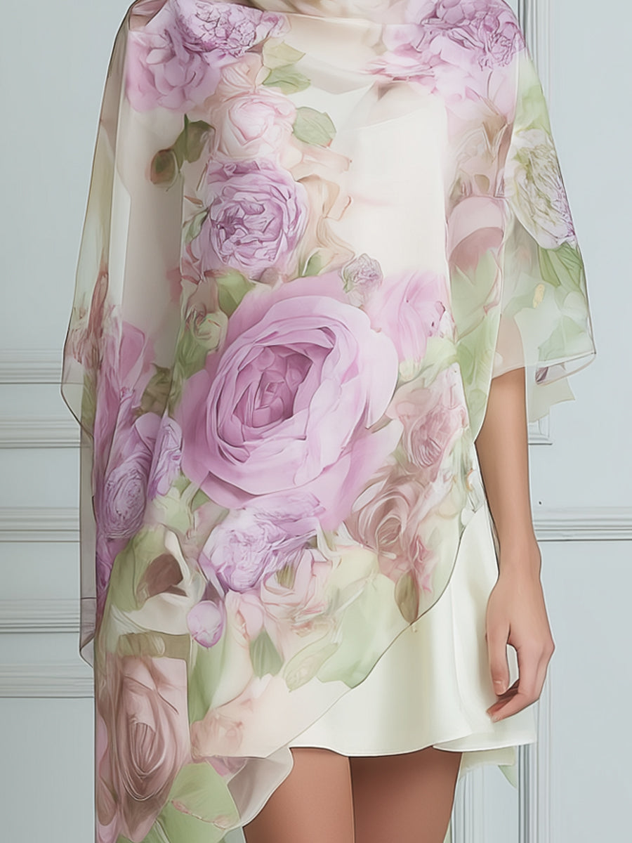 Floral Watercolor Print Poncho Cover-Up With Satin Slip Dress