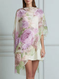 Floral Watercolor Print Poncho Cover-Up With Satin Slip Dress
