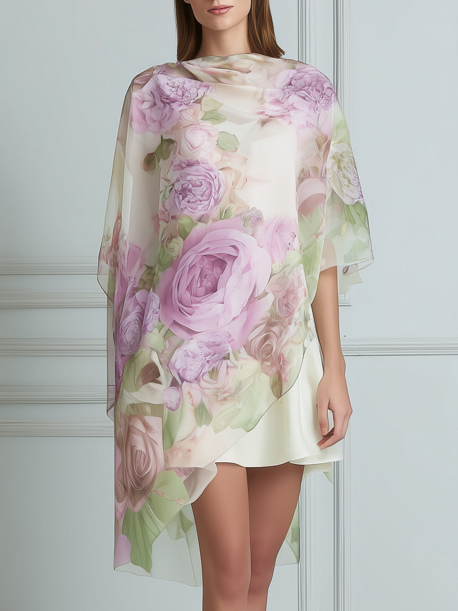 Floral Watercolor Print Poncho Cover-Up With Satin Slip Dress