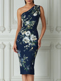 Navy Floral Print One-Shoulder Bodycon Midi Dress