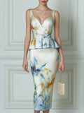 Sleeveless V-Neck Peplum Floral Pencil Midi Dress