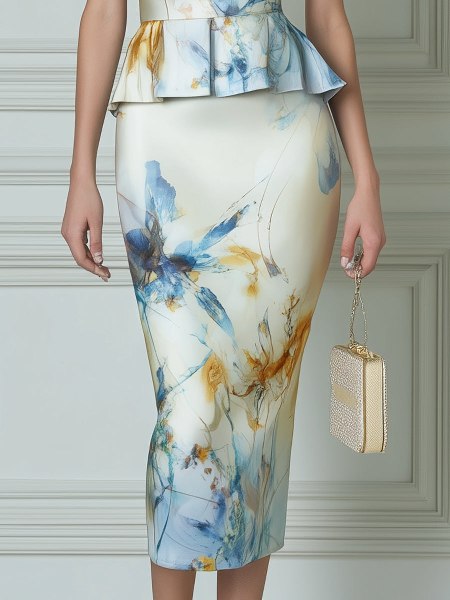 Sleeveless V-Neck Peplum Floral Pencil Midi Dress