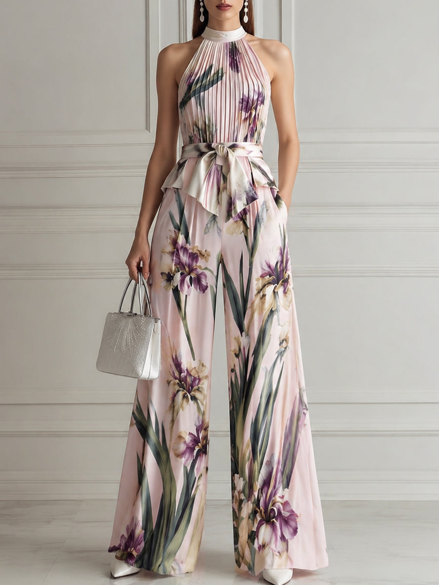 Pleated Halter Neck Floral Print Wide-Leg Jumpsuit With Waist Tie