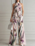 Pleated Halter Neck Floral Print Wide-Leg Jumpsuit With Waist Tie