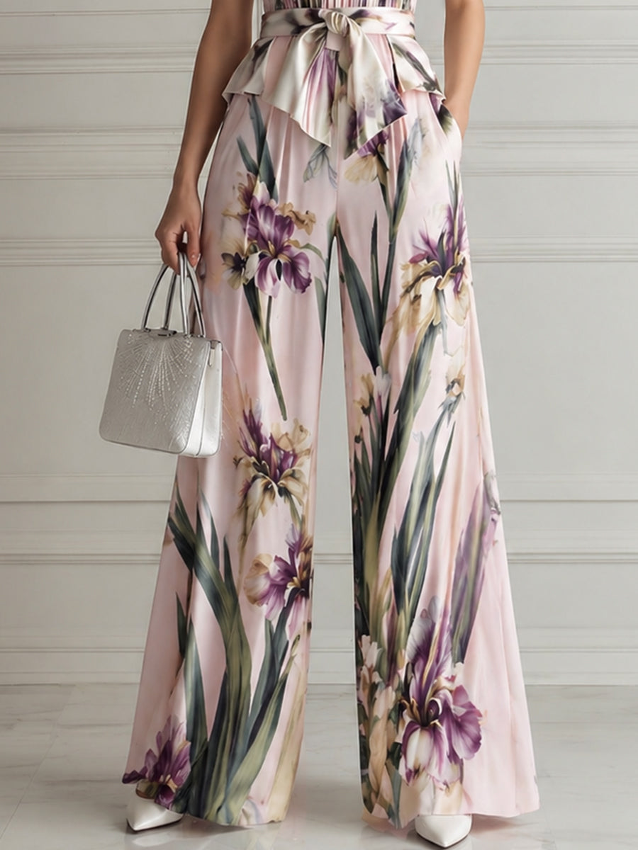 Pleated Halter Neck Floral Print Wide-Leg Jumpsuit With Waist Tie