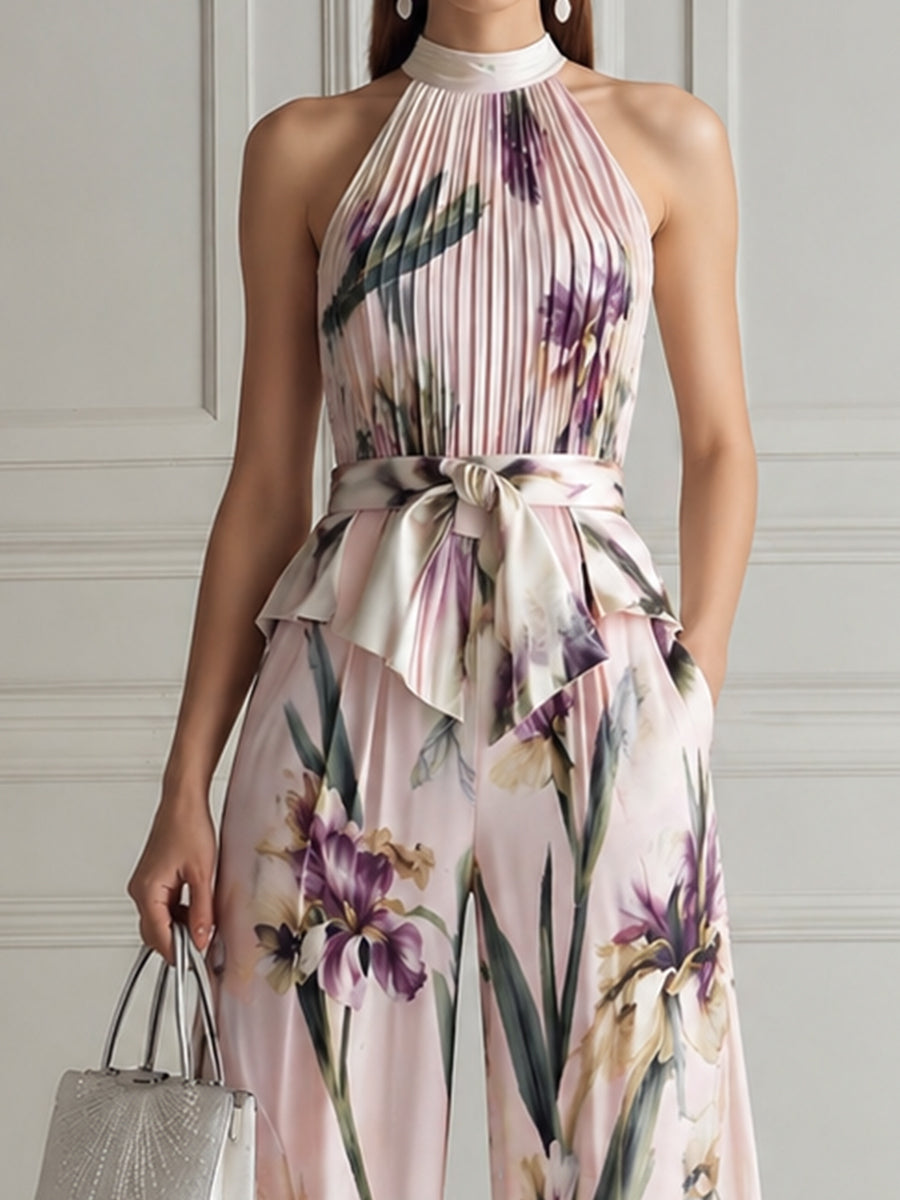 Pleated Halter Neck Floral Print Wide-Leg Jumpsuit With Waist Tie