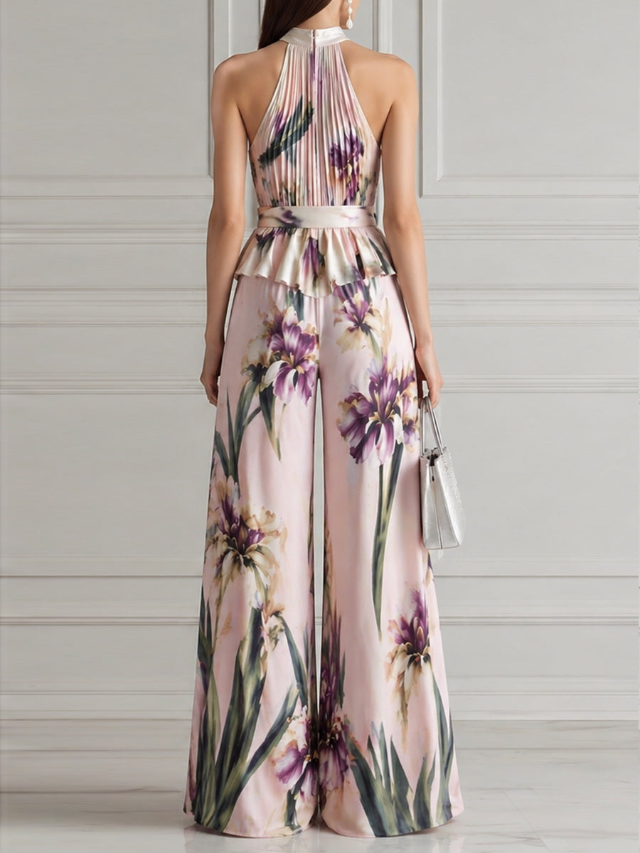 Pleated Halter Neck Floral Print Wide-Leg Jumpsuit With Waist Tie