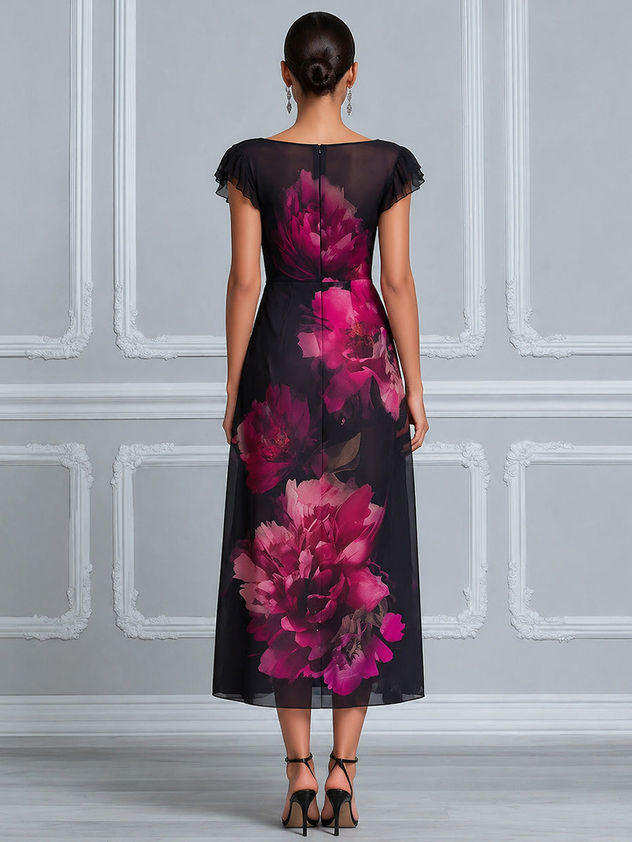 Midnight Peony Ruffle-Sleeve Mesh Midi Dress