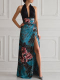 Halter Deep V-Neck Floral Print High Slit Maxi Dress