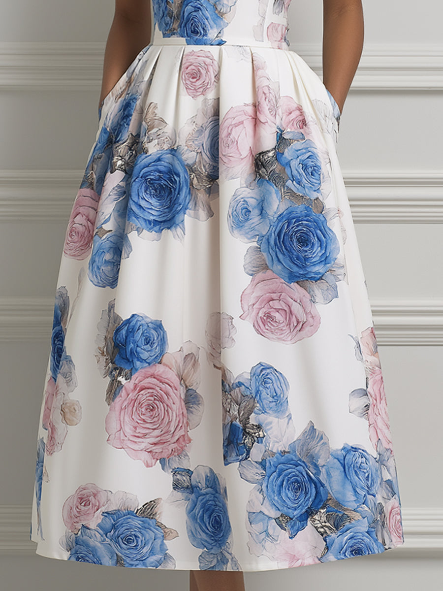 Watercolor Rose Print Square Neck Midi Dress
