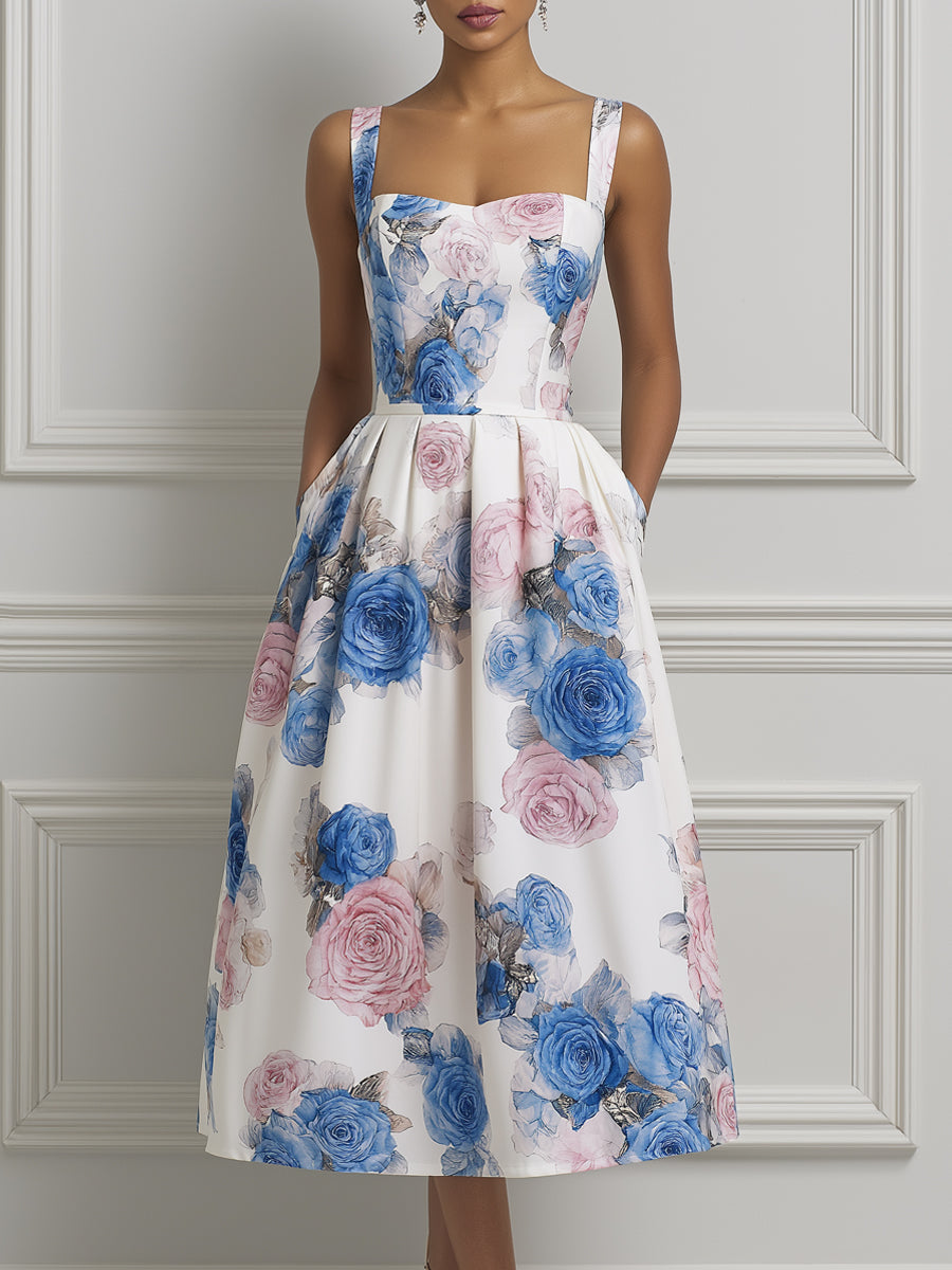 Watercolor Rose Print Square Neck Midi Dress