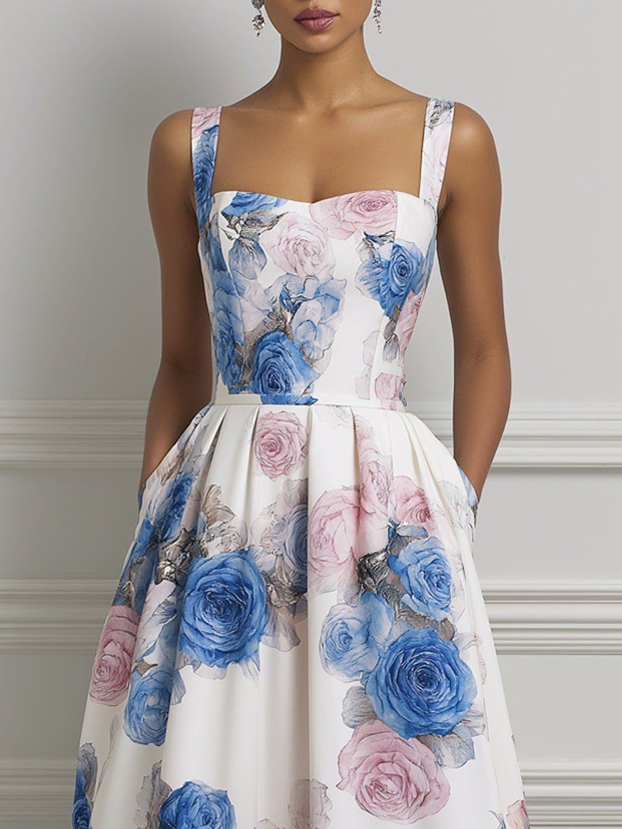 Watercolor Rose Print Square Neck Midi Dress