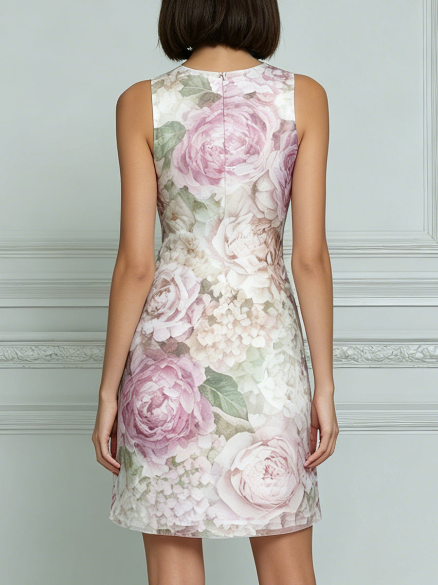 Watercolor Peony Print Sleeveless A-Line Mini Dress