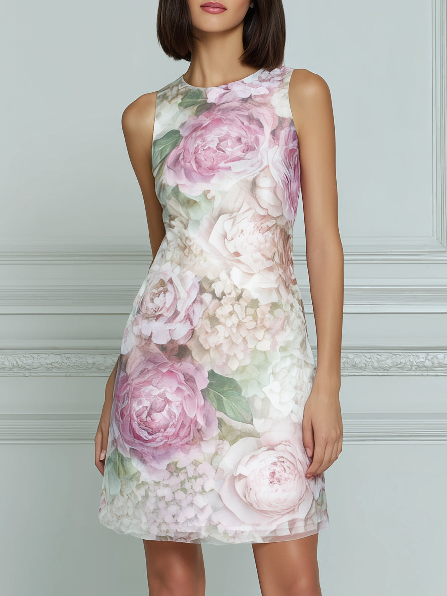 Watercolor Peony Print Sleeveless A-Line Mini Dress