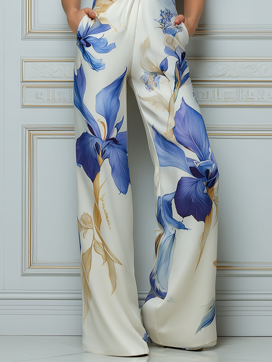 Halter Deep V-Neck Draped Waist Floral Print Wide-Leg Jumpsuit