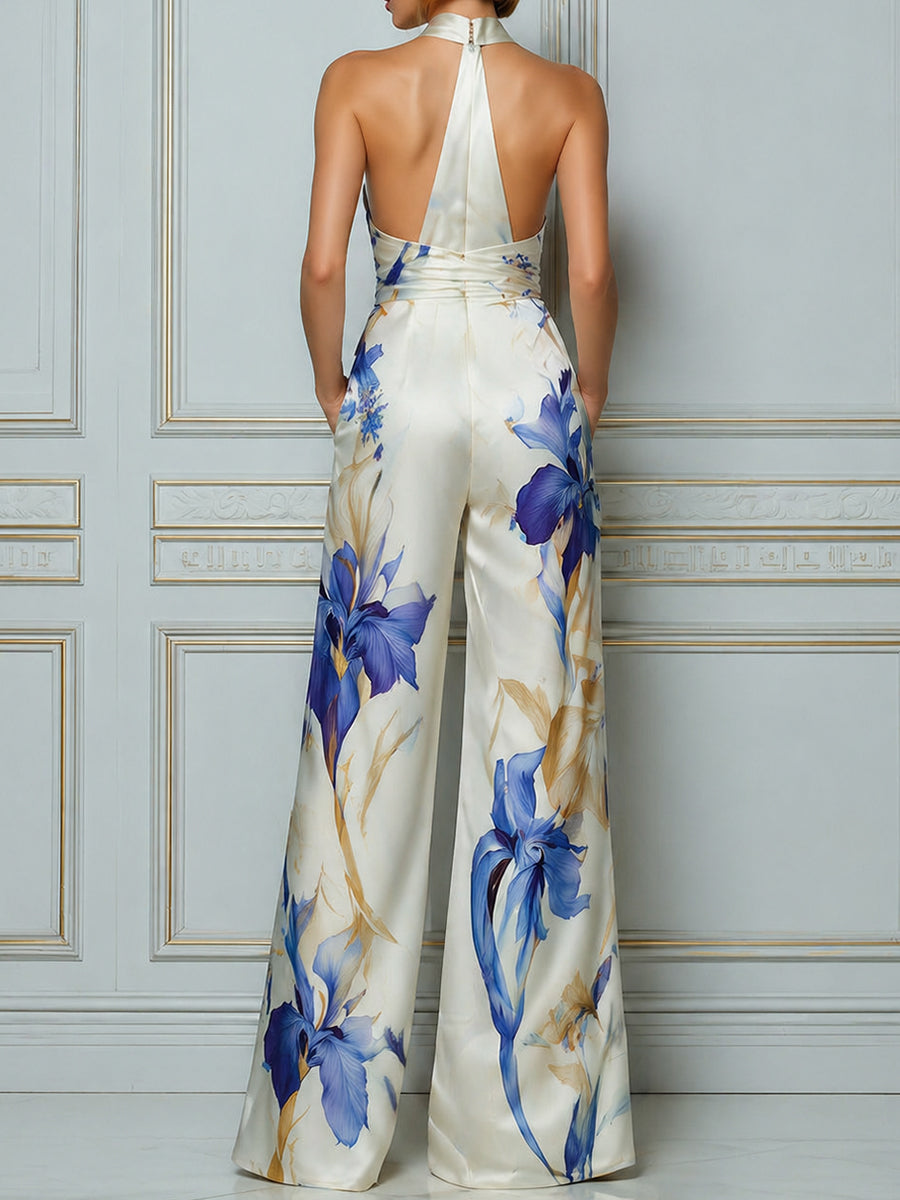 Halter Deep V-Neck Draped Waist Floral Print Wide-Leg Jumpsuit