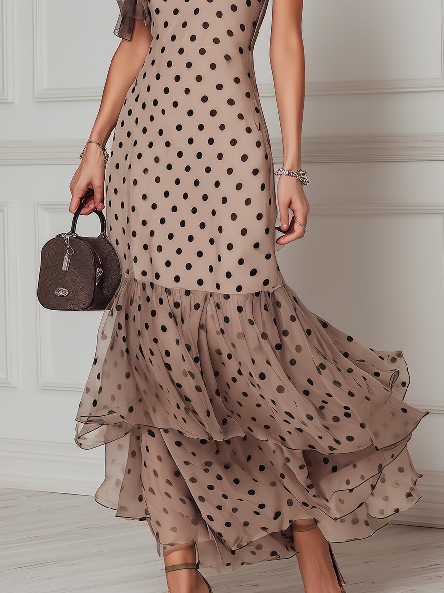 Elegant Polka-Dot Ruffled Hem Chiffon Maxi Dress