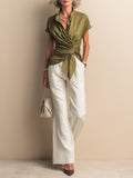 Commuter-Style Tencel Pintuck Blouse & Wide-Leg Pants Set