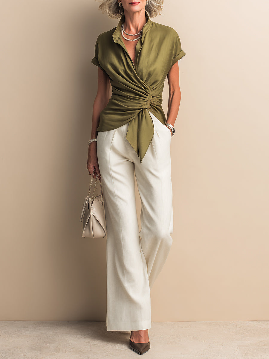 Commuter-Style Tencel Pintuck Blouse & Wide-Leg Pants Set