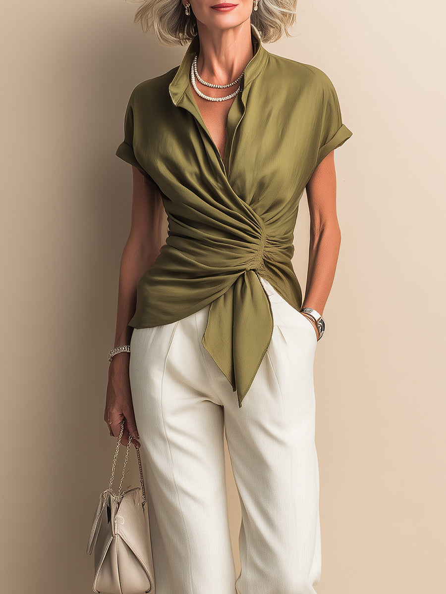 Commuter-Style Tencel Pintuck Blouse & Wide-Leg Pants Set