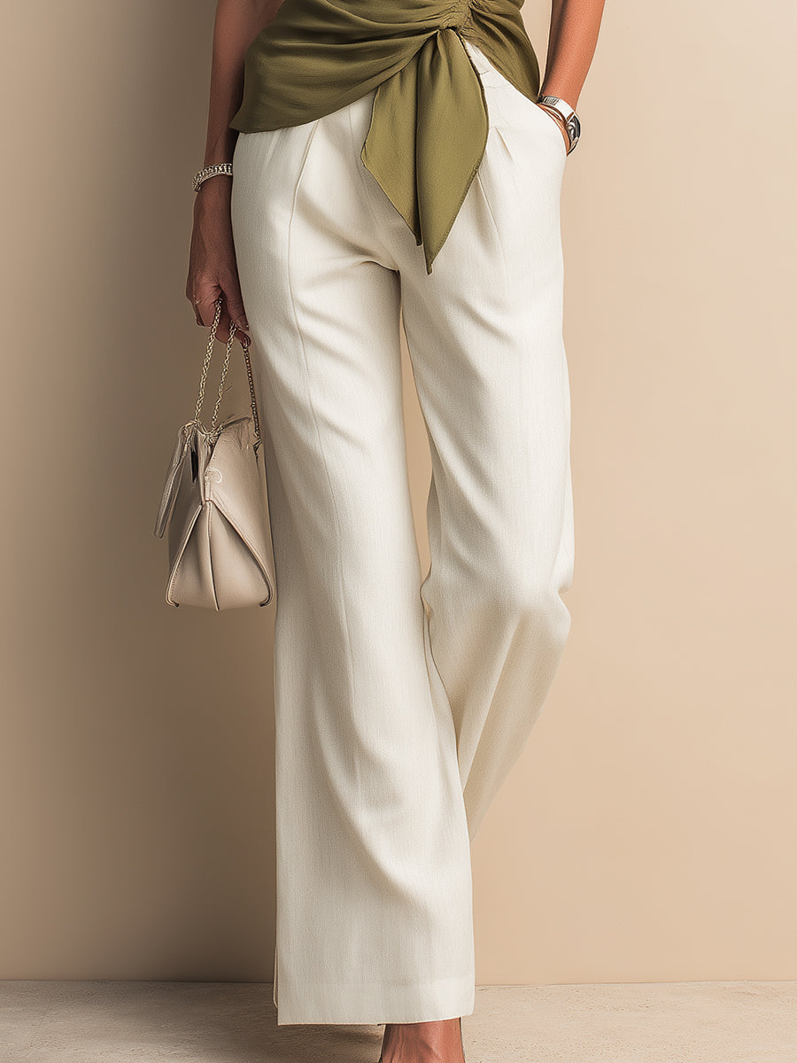 Commuter-Style Tencel Pintuck Blouse & Wide-Leg Pants Set