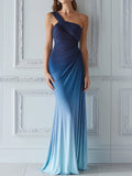 One-Shoulder Draped Gradient Fitted Maxi Dress
