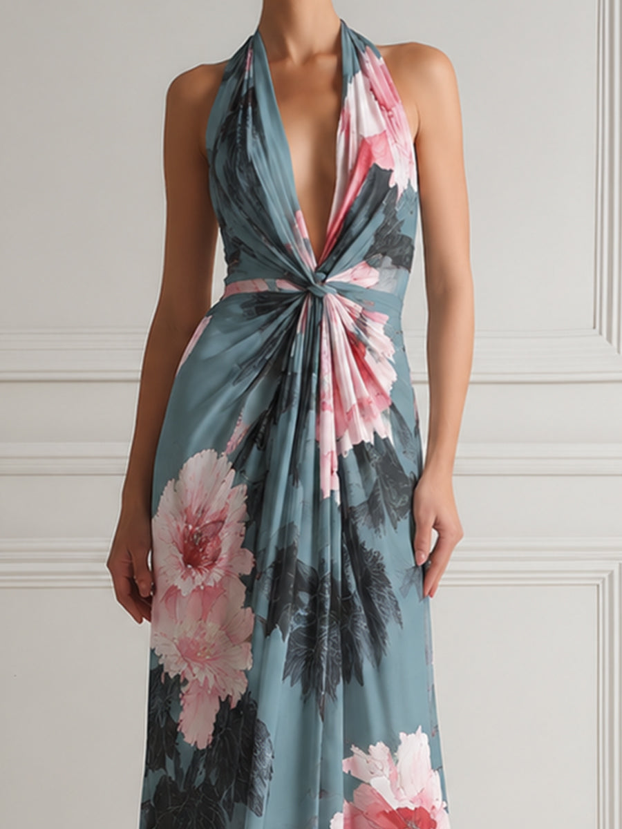 Halter Deep V-Neck Knot Waist Floral Print Maxi Dress