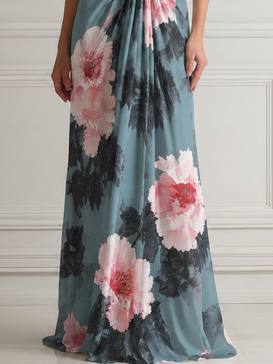 Halter Deep V-Neck Knot Waist Floral Print Maxi Dress