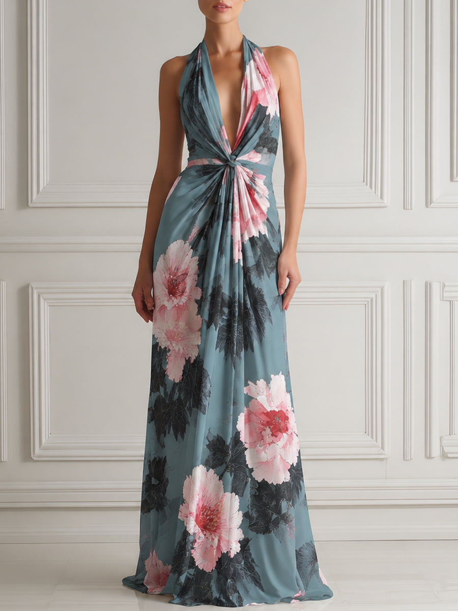 Halter Deep V-Neck Knot Waist Floral Print Maxi Dress