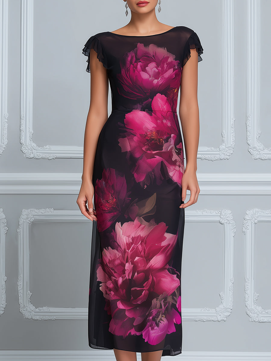 Midnight Peony Ruffle-Sleeve Mesh Midi Dress