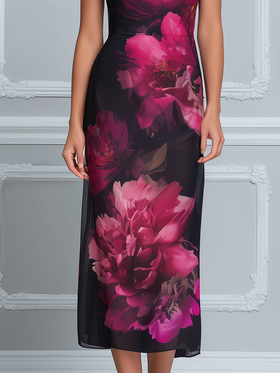 Midnight Peony Ruffle-Sleeve Mesh Midi Dress