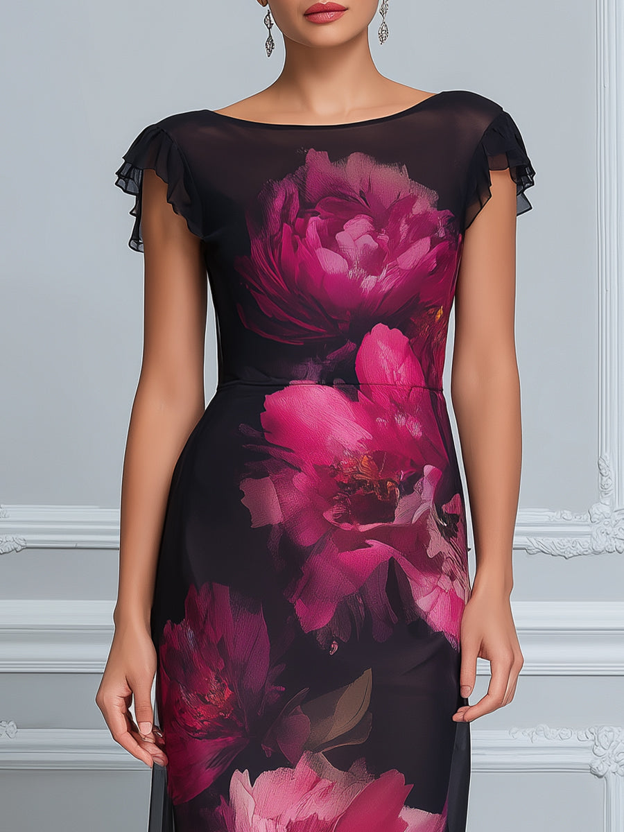 Midnight Peony Ruffle-Sleeve Mesh Midi Dress