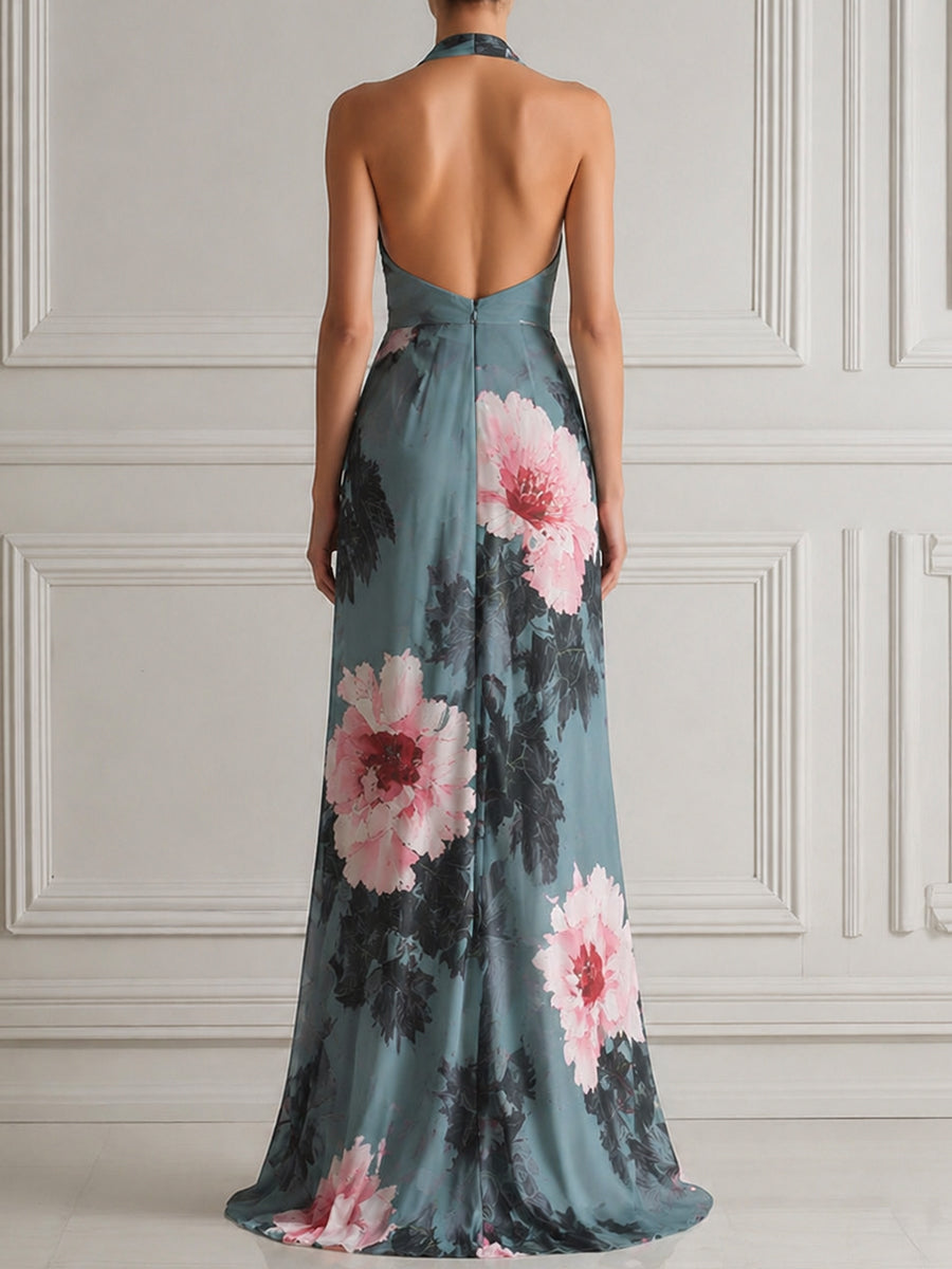 Halter Deep V-Neck Knot Waist Floral Print Maxi Dress