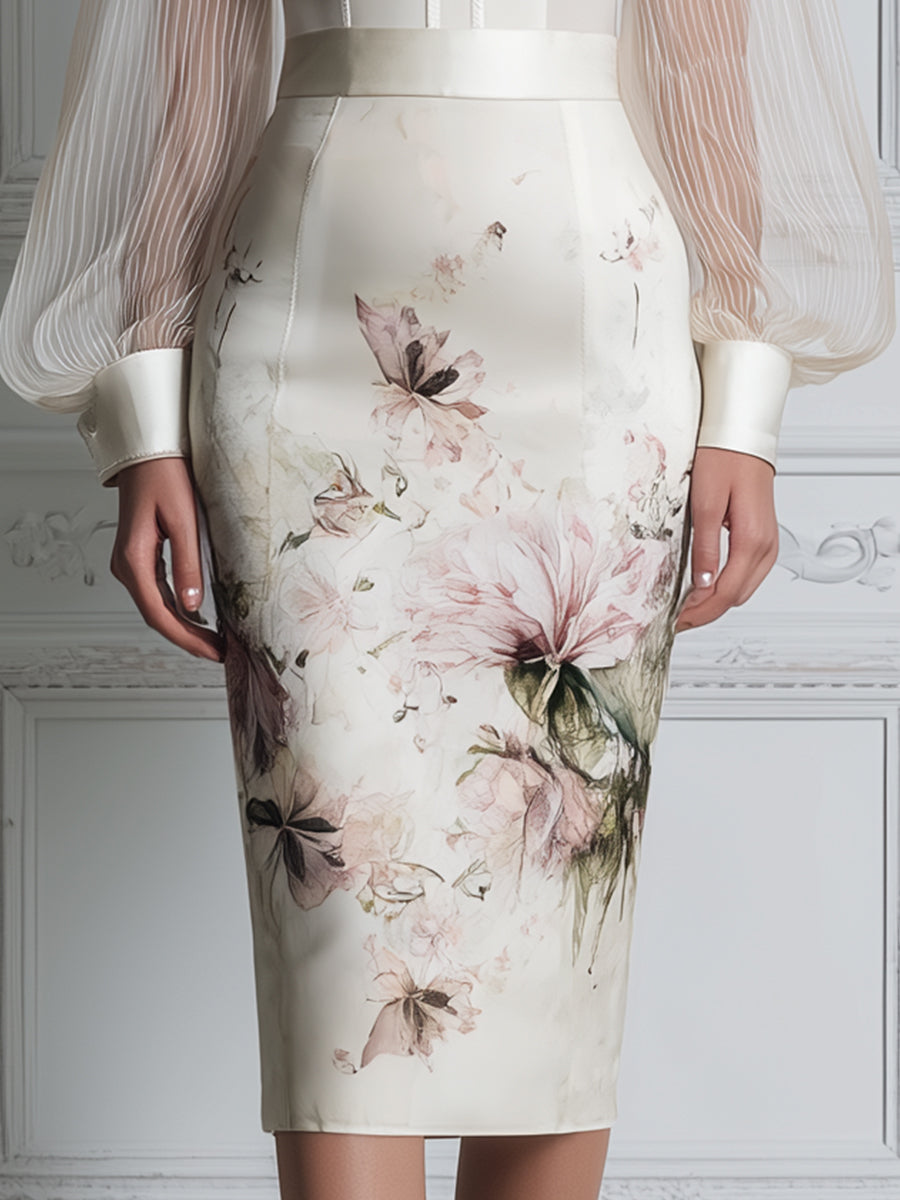 Sheer Pleated Sleeve Deep V-Neck Floral Print Fitted Midi Dress