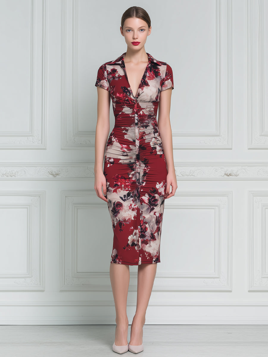 Ruched Front Button Detail Collared Floral Print Fitted Midi Dress