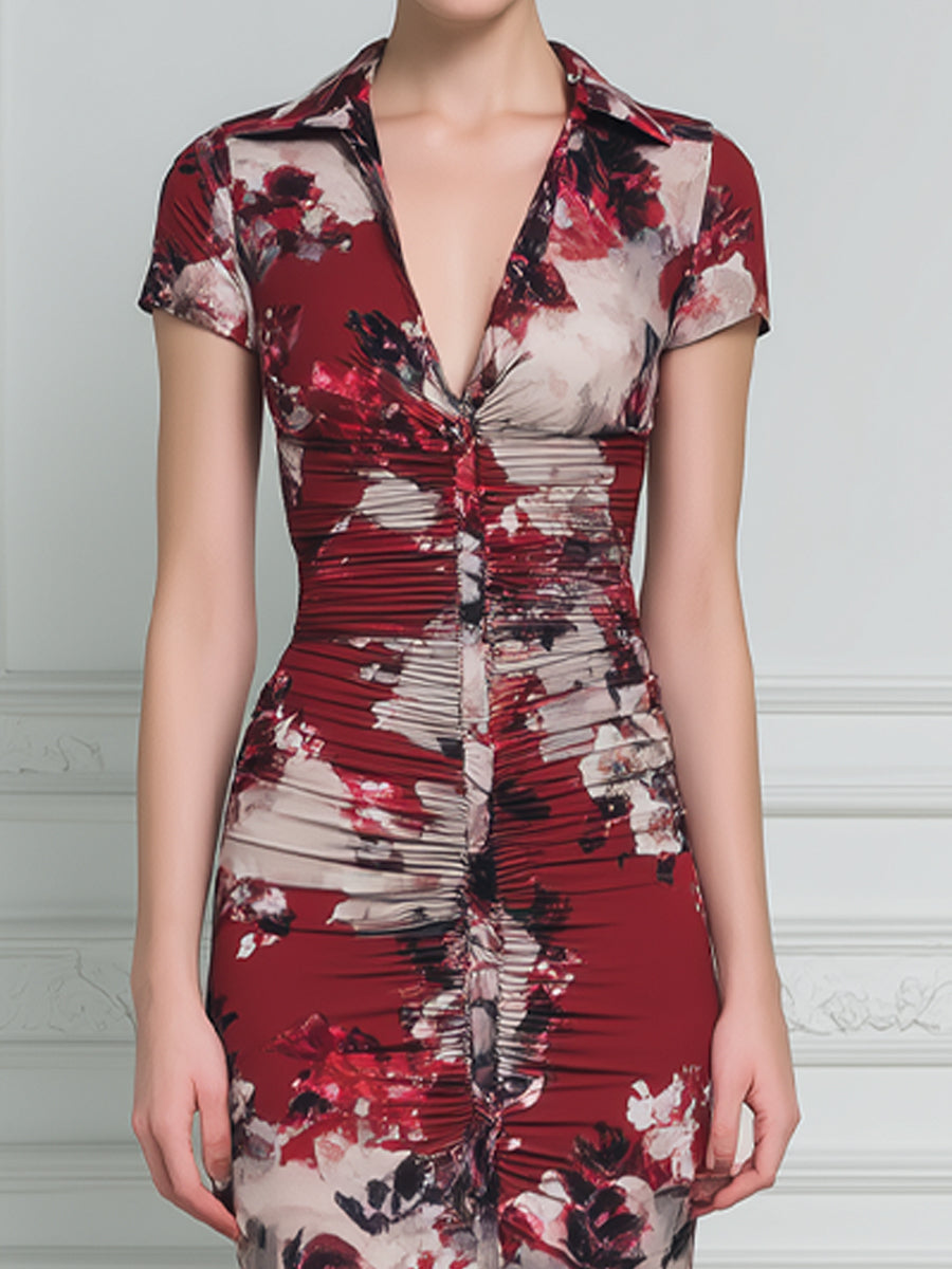 Ruched Front Button Detail Collared Floral Print Fitted Midi Dress