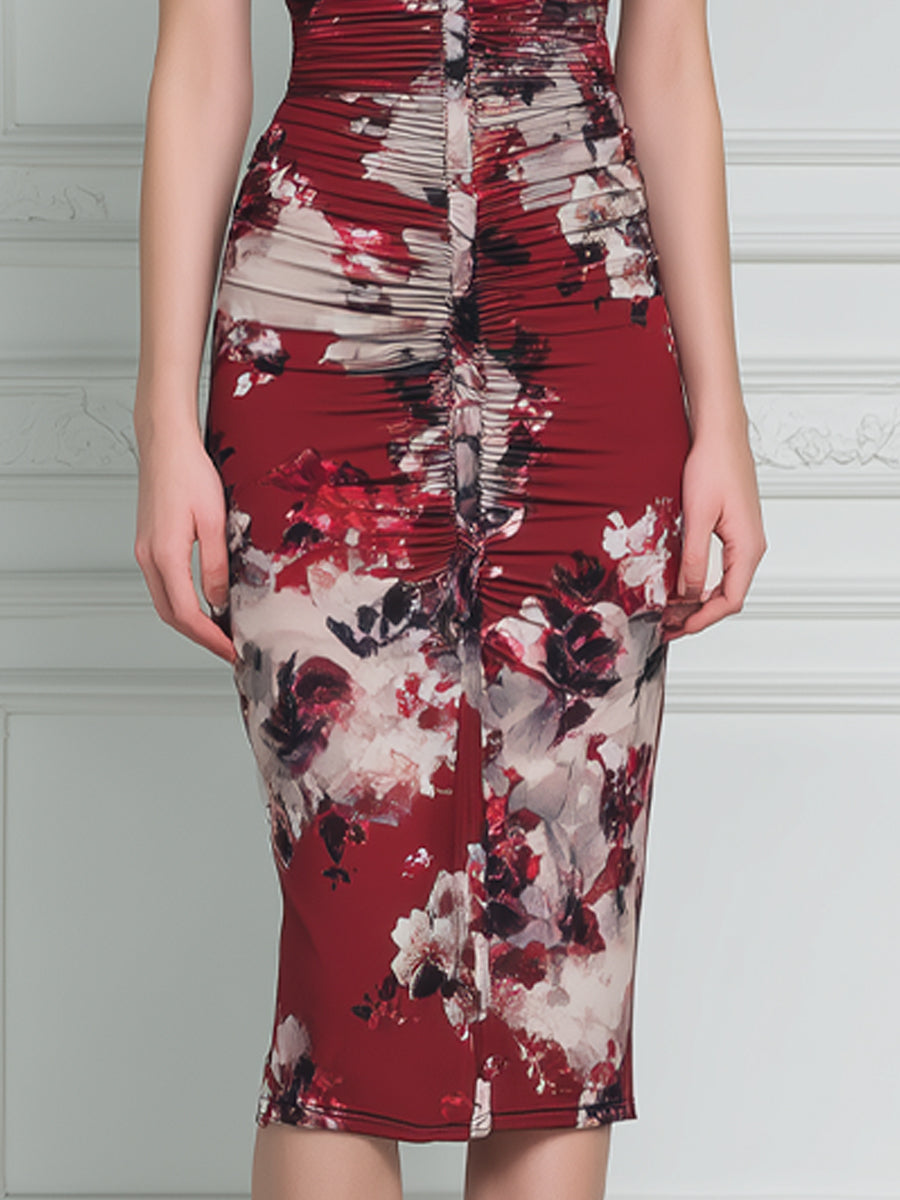 Ruched Front Button Detail Collared Floral Print Fitted Midi Dress