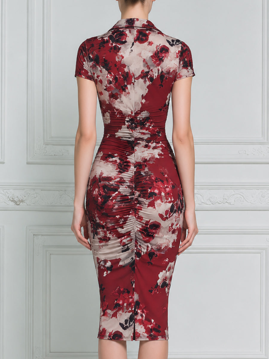 Ruched Front Button Detail Collared Floral Print Fitted Midi Dress