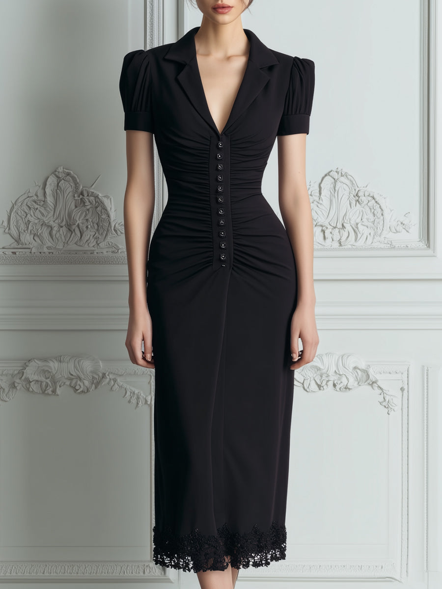 Ruched Button-Front Tailored Collar Fitted Midi Dress